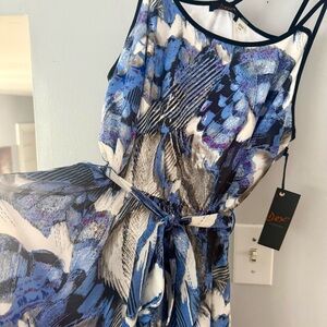 DEX Hankerchief Abstract Feather Print Midi Dress Strappy Back